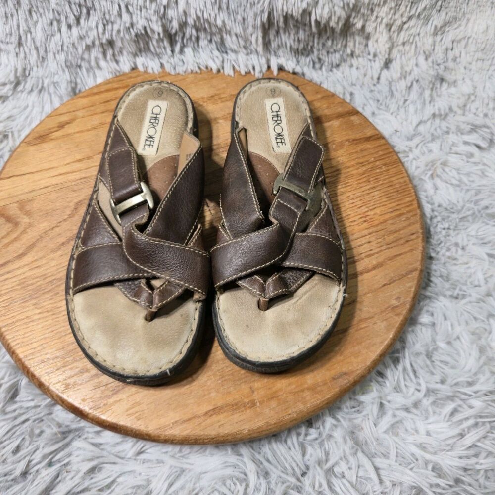 Cherokee Brown Leather Woven Slide Sandals Size 9 Brass Buckle Y2K Suede Lined